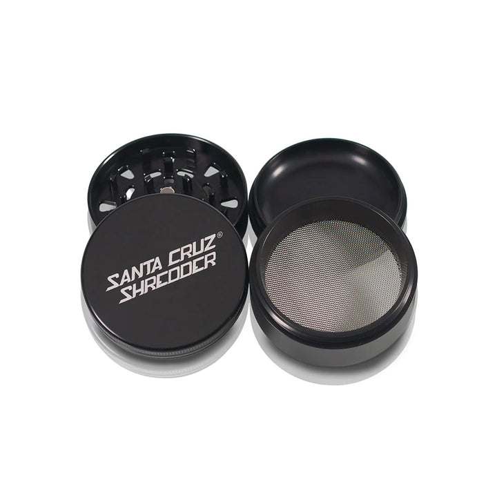 Santa Cruz Shredder 4-Piece Large Aluminum Grinder in black – open view showing all sections