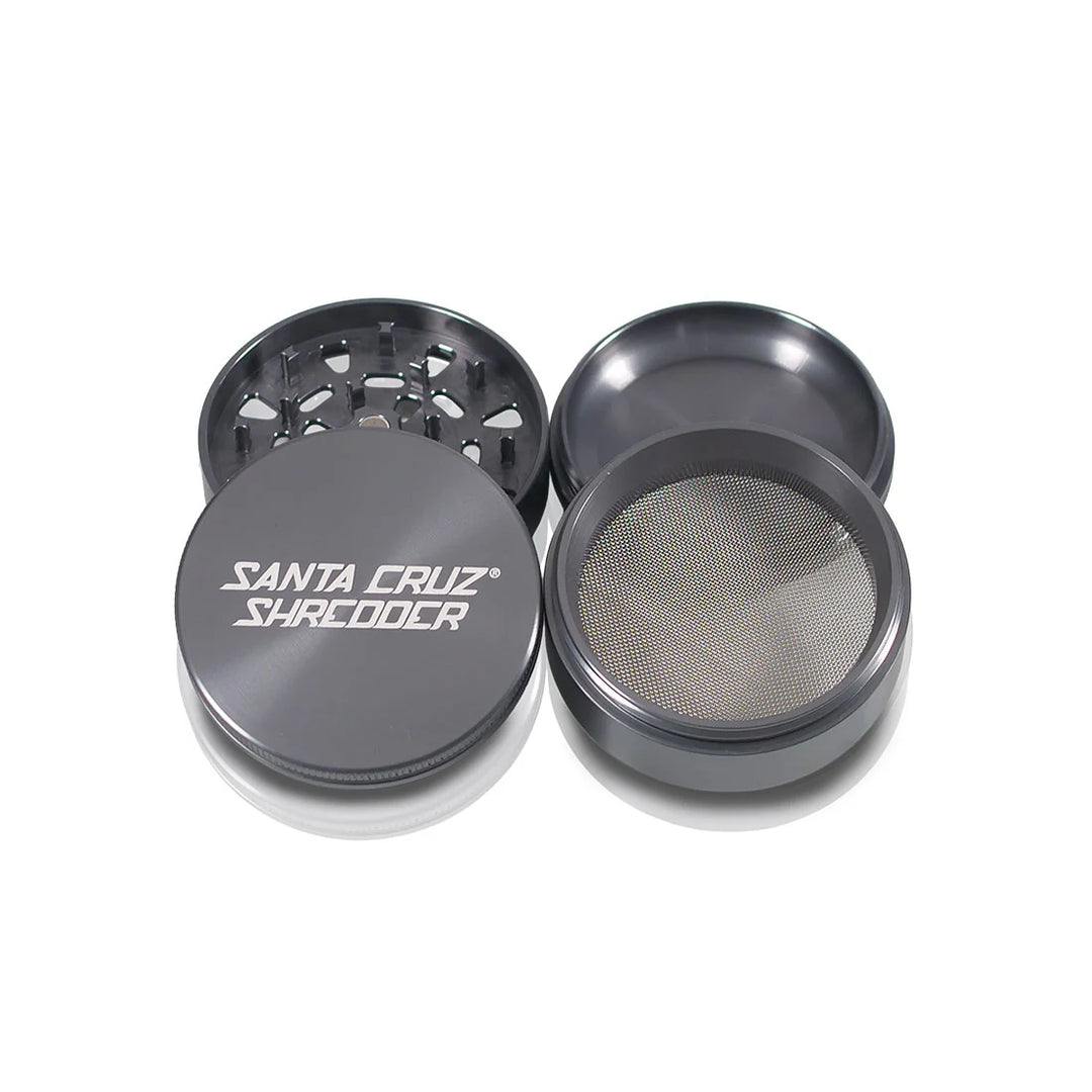 Grey Santa Cruz Shredder large 4-piece herb grinder disassembled view