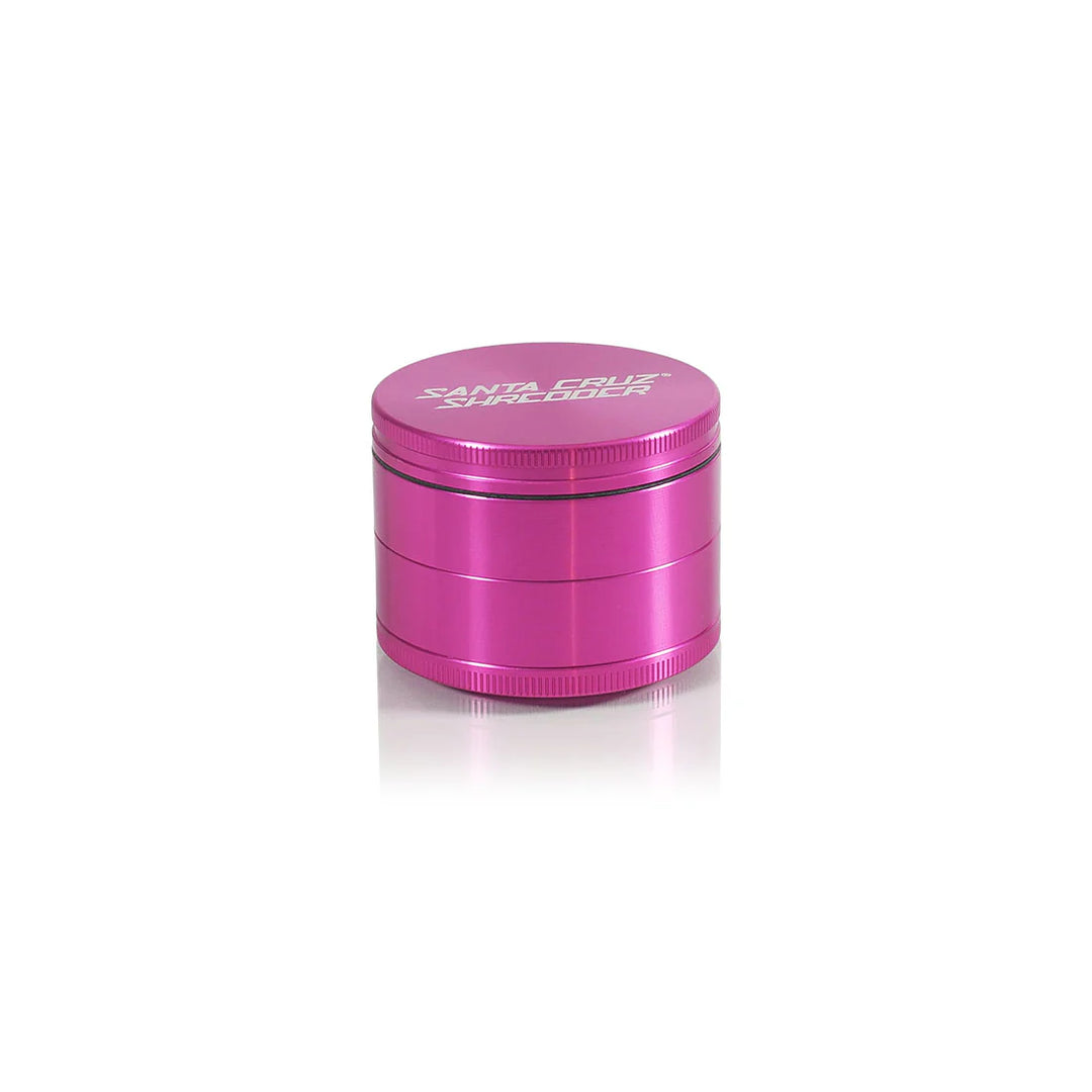 Pink Santa Cruz Shredder aluminum herb grinder with screen and catch tray