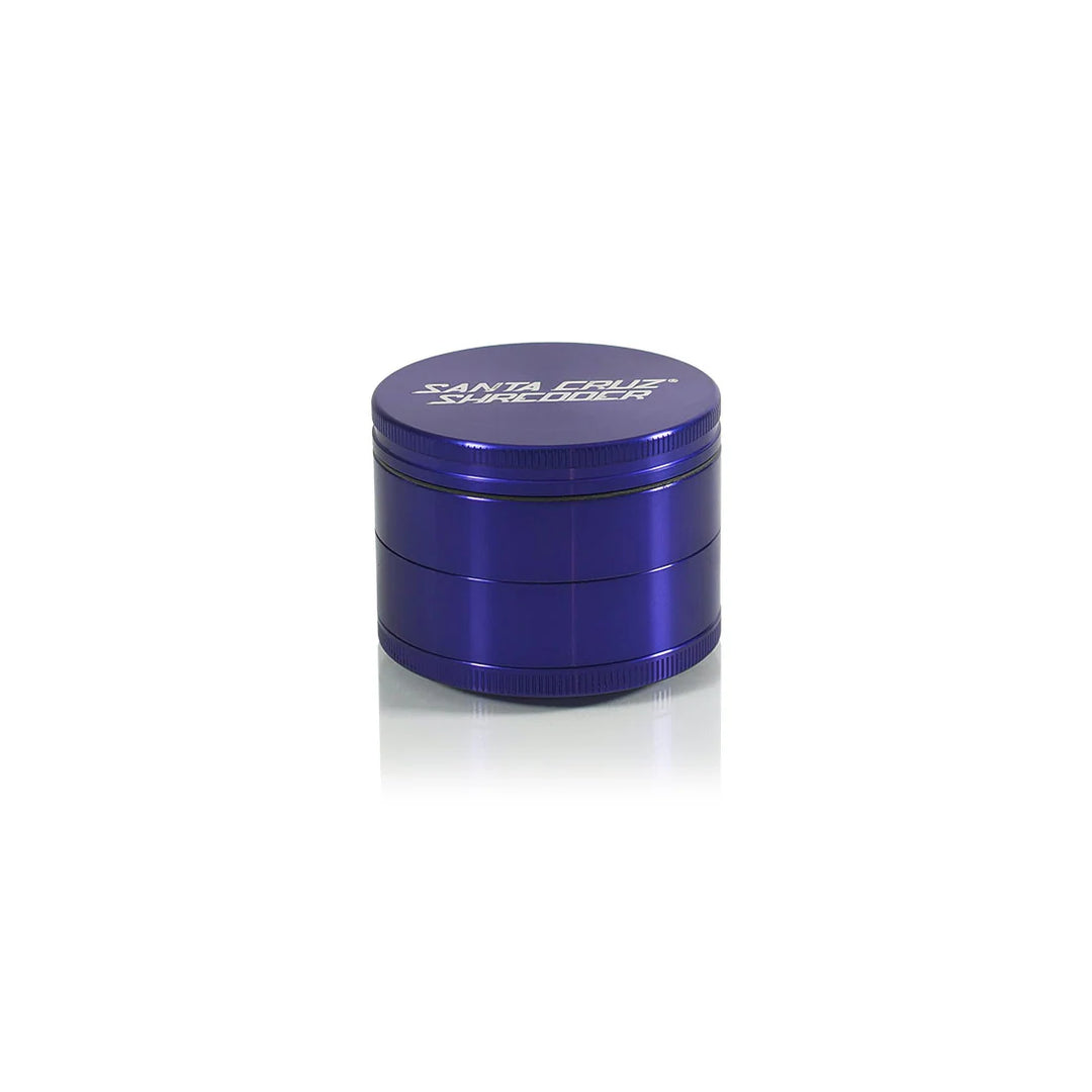 Purple Shredder grinder in glossy anodized finish with logo on lid