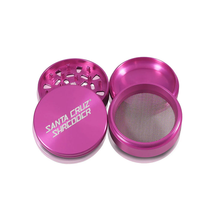 Pink Santa Cruz Shredder 4-piece grinder with magnetic lid and deep kief catcher