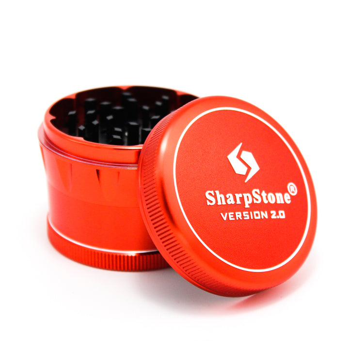 Sharpstone V2 4 Piece 2.5" Grinder in Red — aircraft-grade aluminum herb grinder with diamond teeth, pollen screen and kief catch