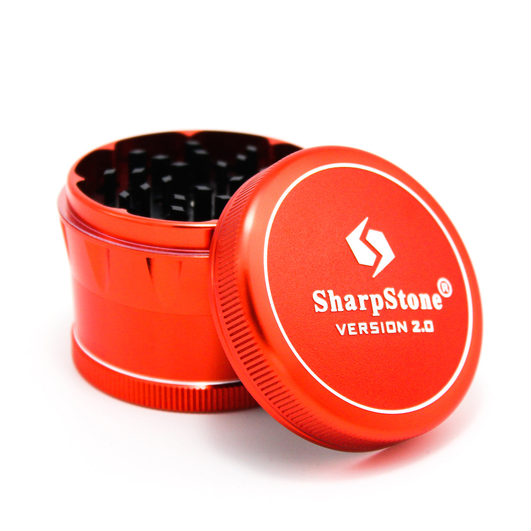 Sharpstone V2 4 Piece 2.5" Grinder in Red — aircraft-grade aluminum herb grinder with diamond teeth, pollen screen and kief catch