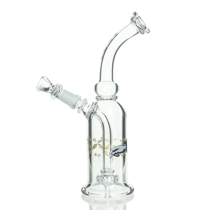 Sheldon Black The Bottle Bubbler Tightwire Brass — Tightwire Brass bottle bubbler etched artwork detail