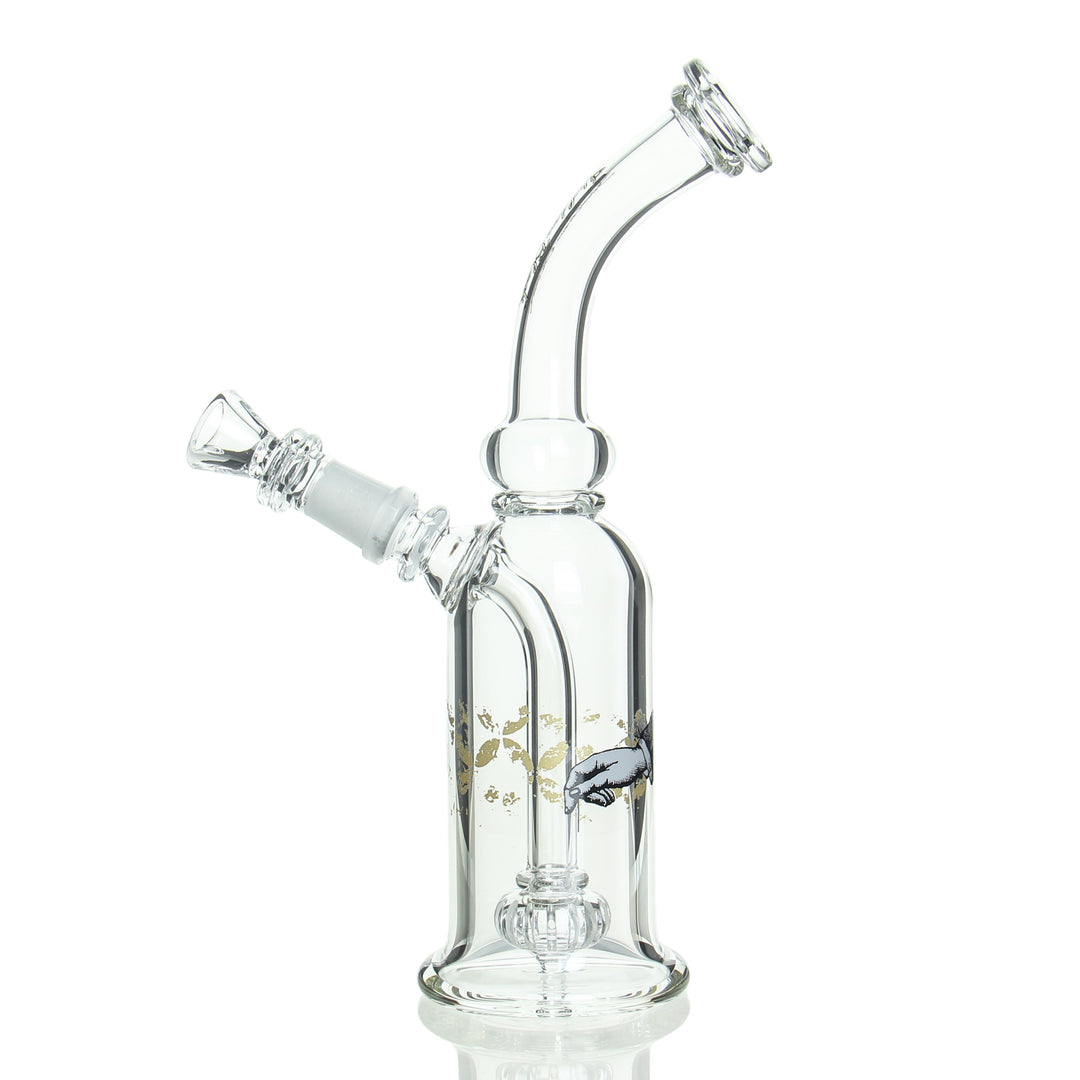 Sheldon Black The Bottle Bubbler Tightwire Brass — Tightwire Brass bottle bubbler etched artwork detail