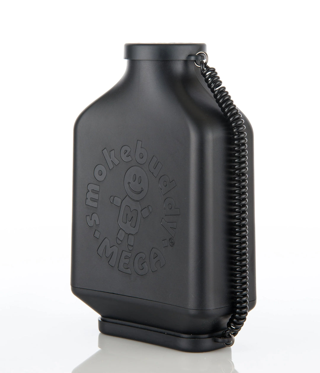 Angled side view of the Smoke Buddy MEGA XL air filter in Black showing curved ergonomic housing, filtered air outlet, and molded grip texture.