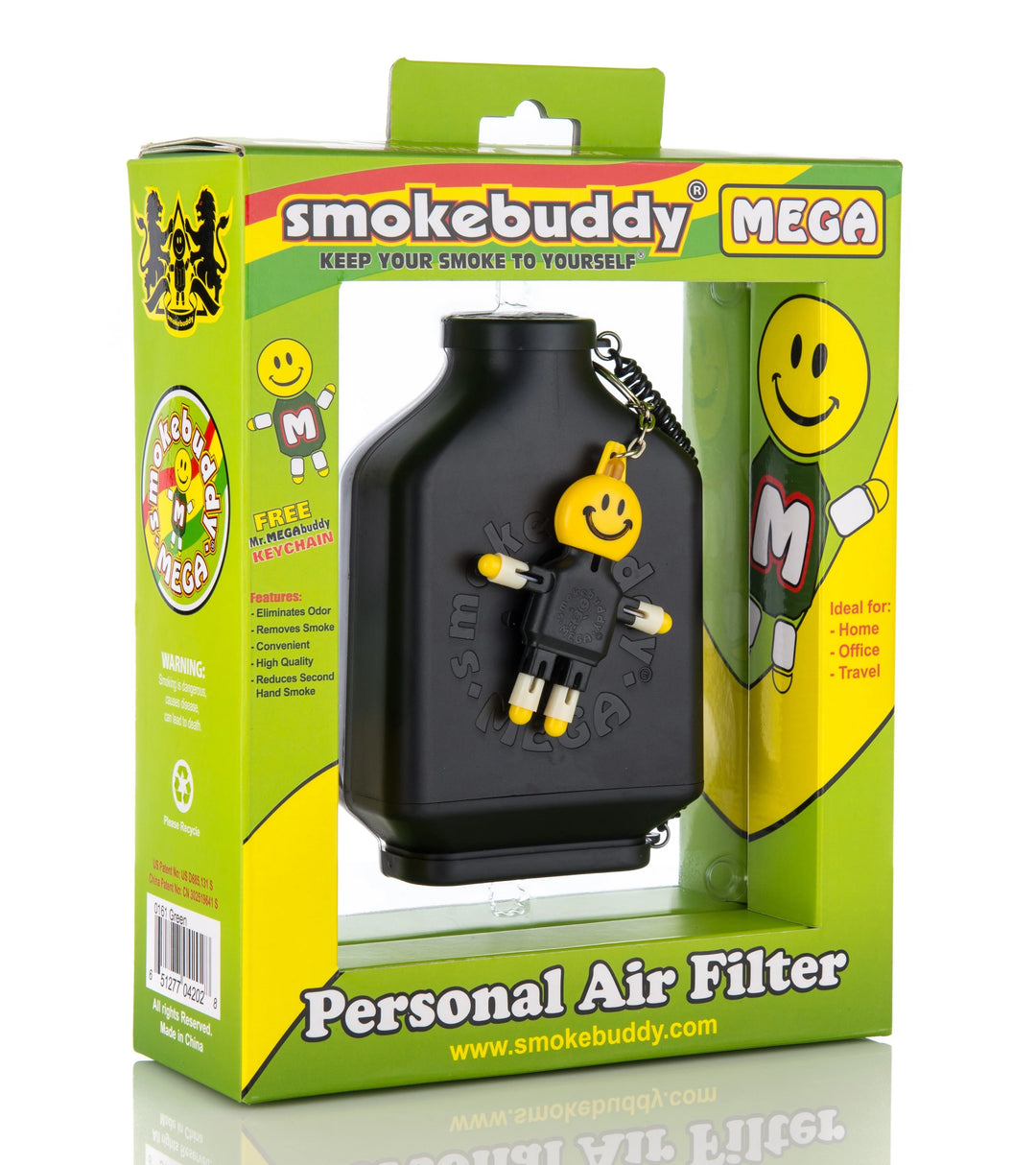 Angled retail box view for Smoke Buddy MEGA Black showing side panels and accessory inclusions.
