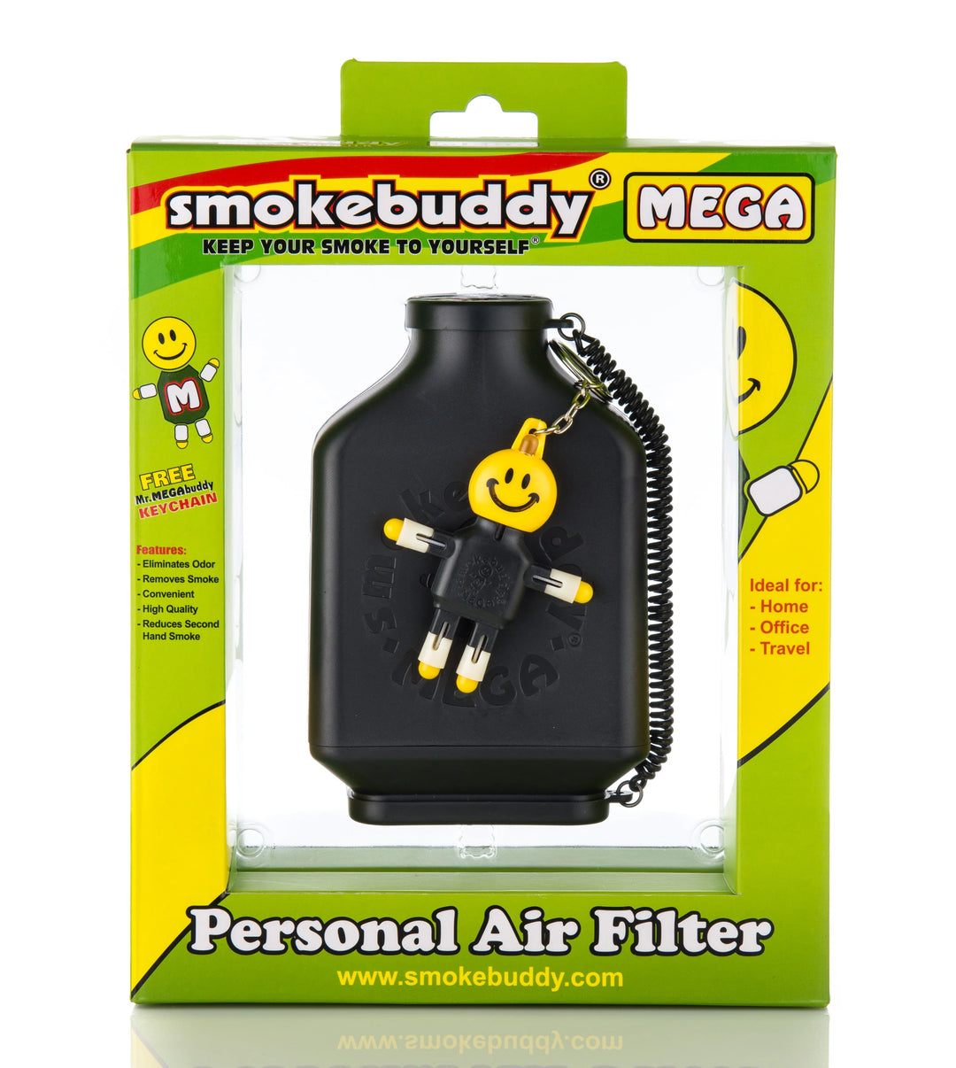 Retail package of Smoke Buddy MEGA Black featuring product window, filter benefits, and brand illustrations.