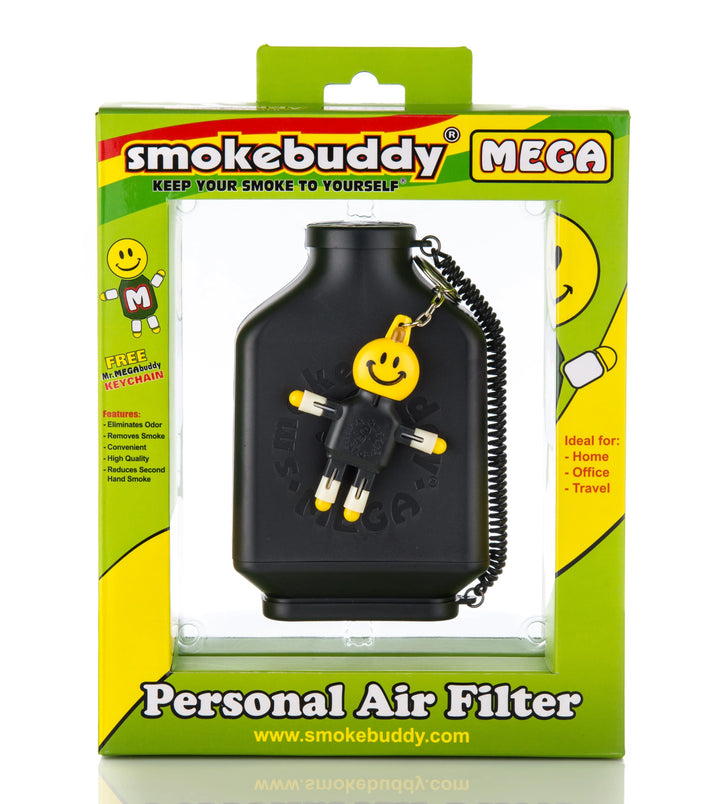 Retail package of Smoke Buddy MEGA Black featuring product window, filter benefits, and brand illustrations.