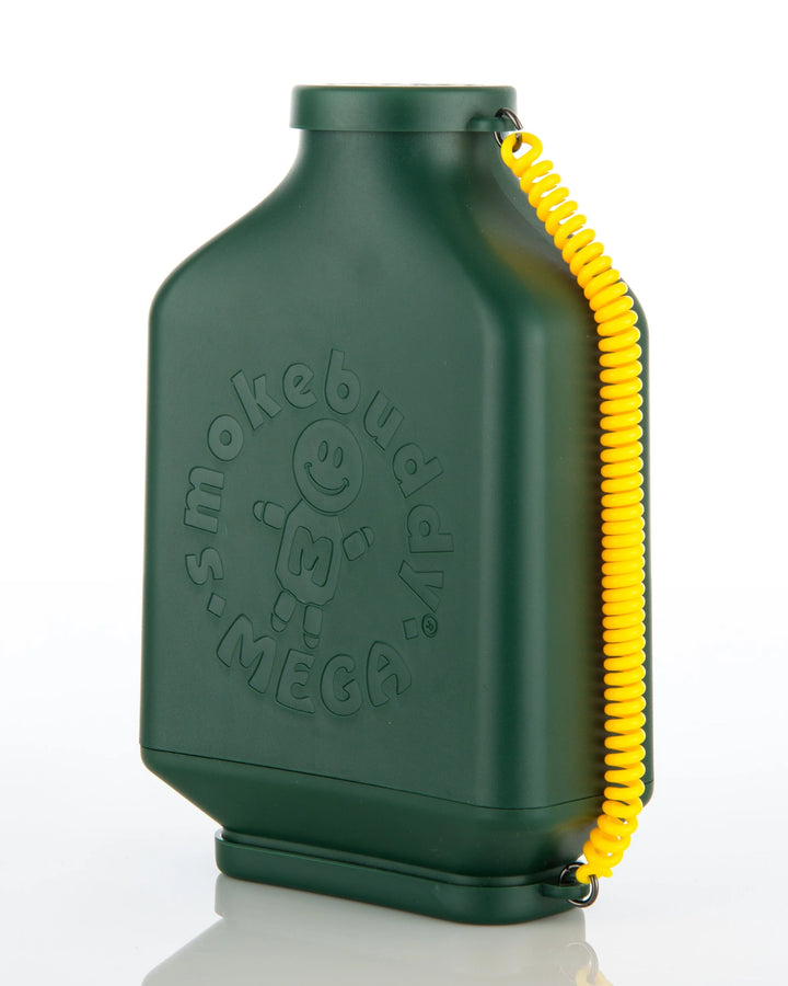 Angled profile of Smoke Buddy MEGA in Green highlighting ergonomic shape, air intake, and yellow lanyard strap.