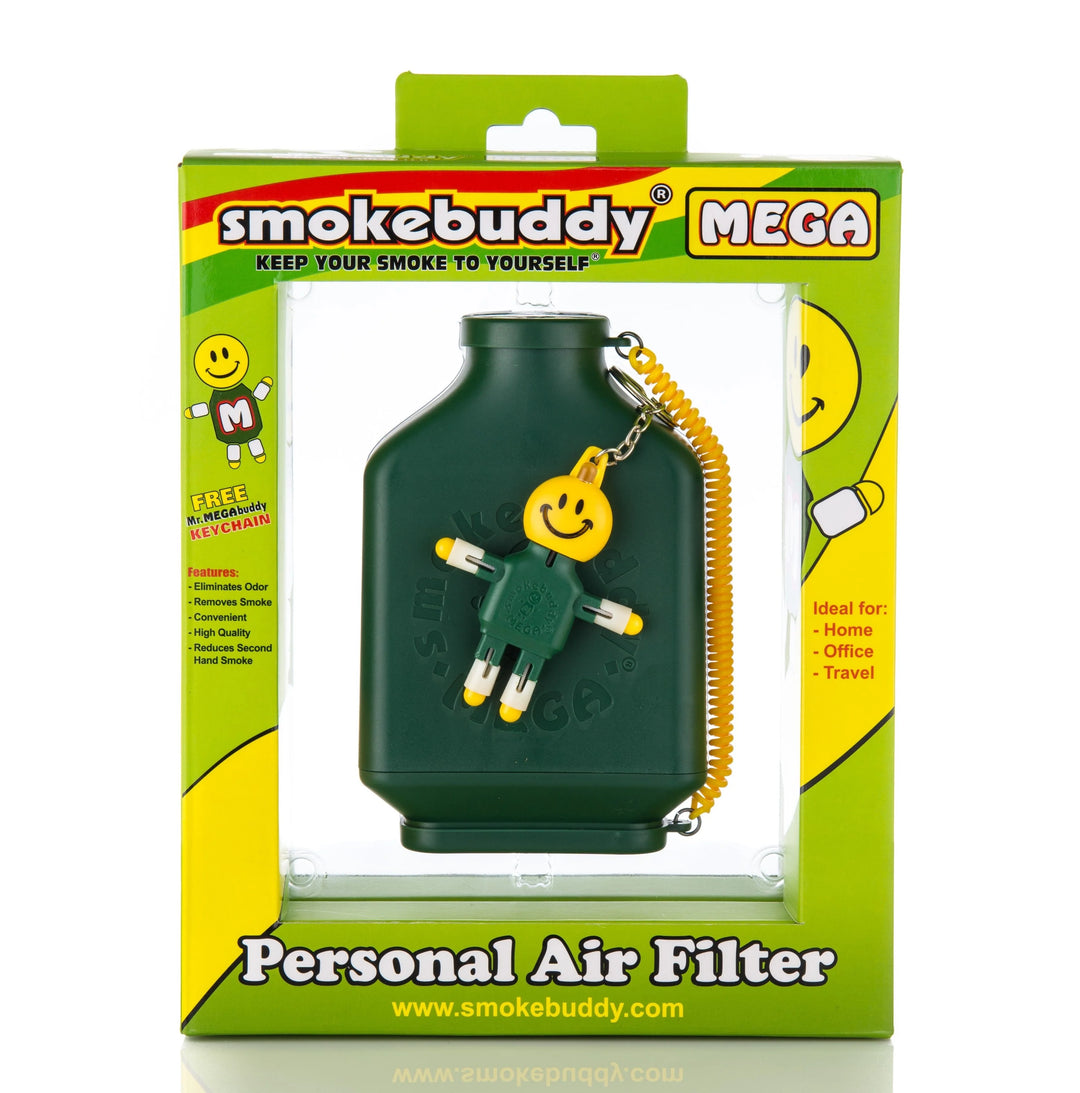 Retail packaging for Smoke Buddy MEGA Green showing product window, odor-control claims, and Mr. MegaBuddy branding.
