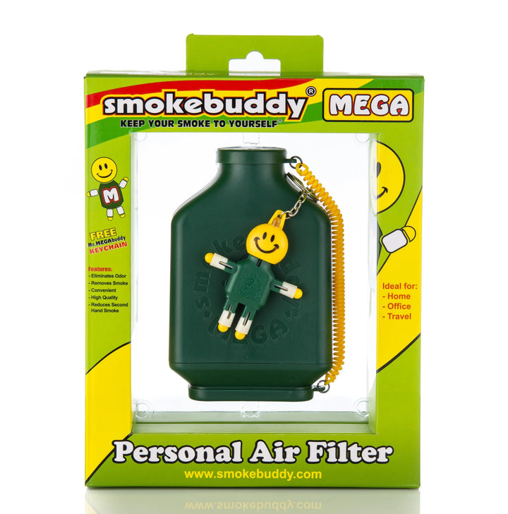 Retail packaging for Smoke Buddy MEGA Green showing product window, odor-control claims, and Mr. MegaBuddy branding.