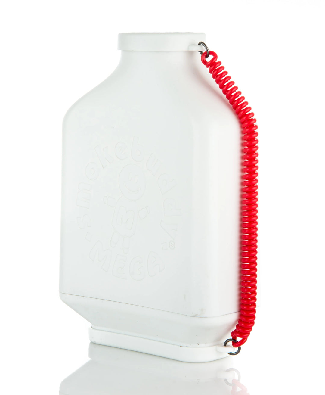 Angled profile shot of the Smoke Buddy MEGA XL air filter in White highlighting the oversized filter chamber, smooth matte body, and attached red travel cap.