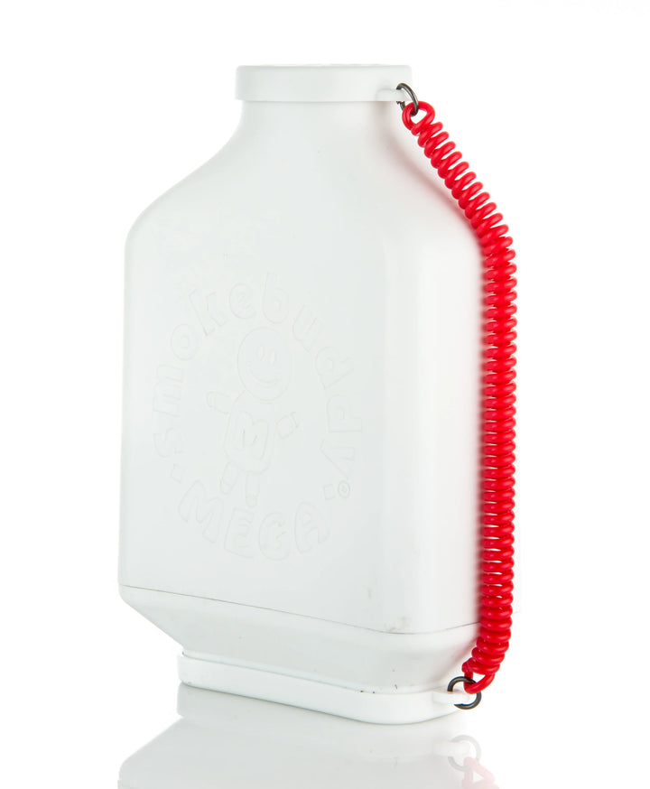 Angled profile shot of the Smoke Buddy MEGA XL air filter in White highlighting the oversized filter chamber, smooth matte body, and attached red travel cap.