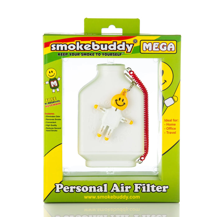 Smoke Buddy MEGA XL air filter in White, front view with molded filter logo and red travel cap attached.