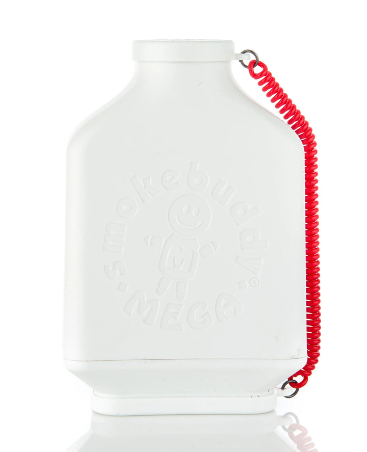 Smoke Buddy MEGA XL in White inside retail packaging with product window and MegaBuddy promotional artwork.