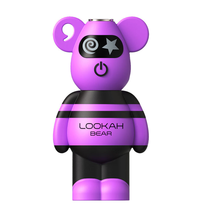LOOKAH Bear 510 Battery in purple with cartoon bear design, featuring power button and universal cartridge compatibility for versatile vaping.