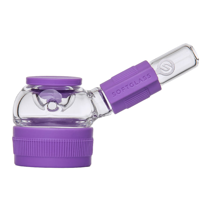 Softglass Core Series hand pipe in clear borosilicate glass with amethyst purple silicone grip, base foot and bowl cap