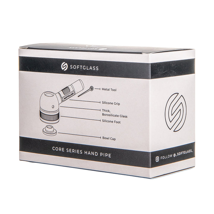 Softglass Core Series Hand Pipe box panel diagramming the metal tool, silicone grip, thick borosilicate glass, silicone foot and bowl cap