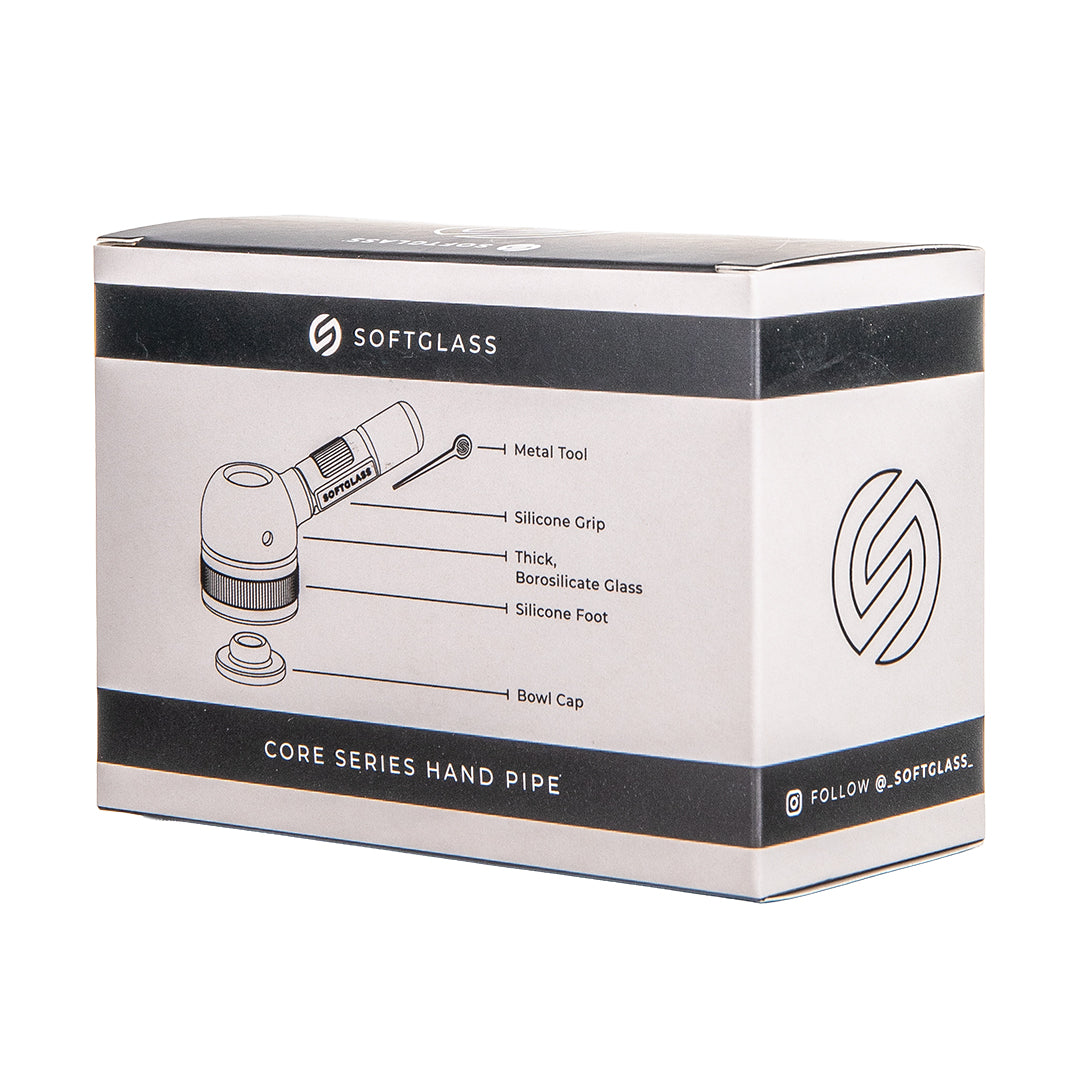 Softglass Core Series Hand Pipe box panel diagramming the metal tool, silicone grip, thick borosilicate glass, silicone foot and bowl cap