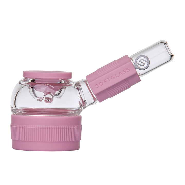 Softglass Core Series hand pipe in clear borosilicate glass with rose pink silicone grip, base foot and bowl cap
