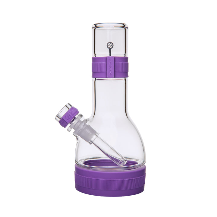 Softglass Core Bong in Amethyst, left side view with the purple silicone neck band and ribbed base foot