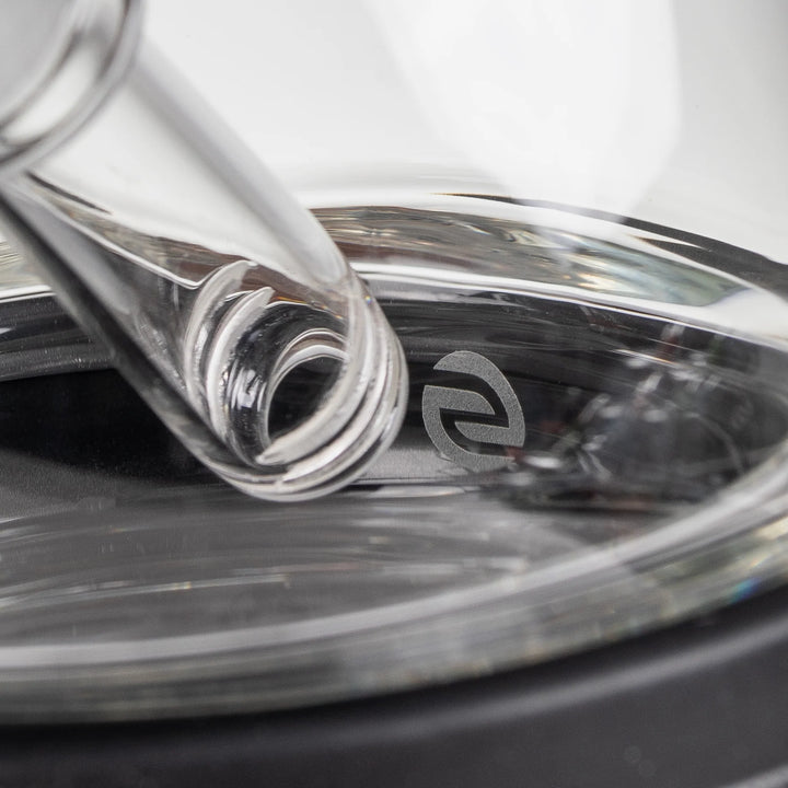 Detail of the removable 4 inch downstem seated in the angled 14mm female joint of the Softglass Core Bong