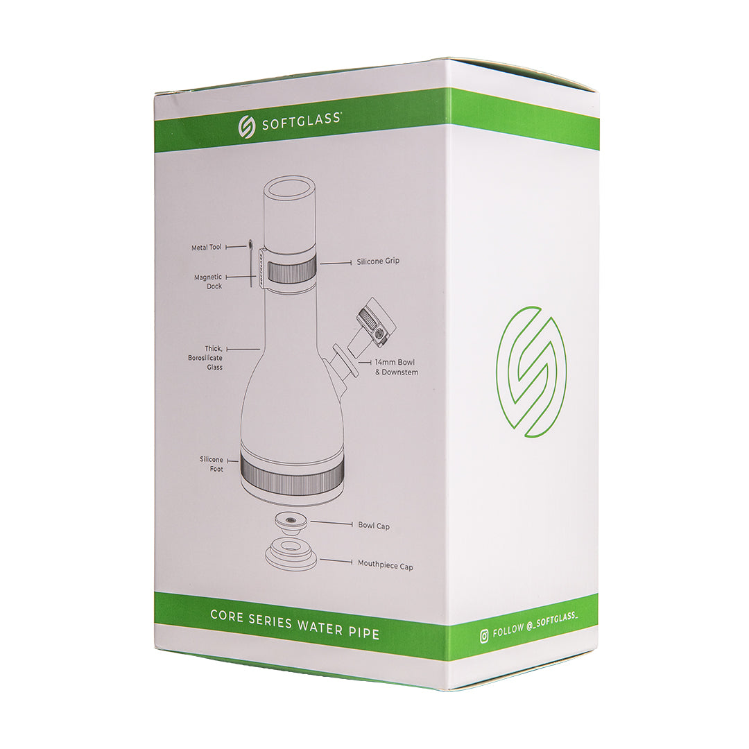 Back of the Softglass Core Bong retail packaging listing the included bowl, downstem, covers and tool