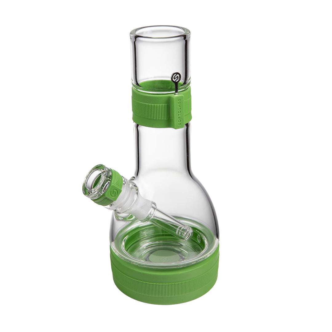 Softglass Core Bong in Pistachio green, angled top-front view showing the silicone neck band and ribbed base foot