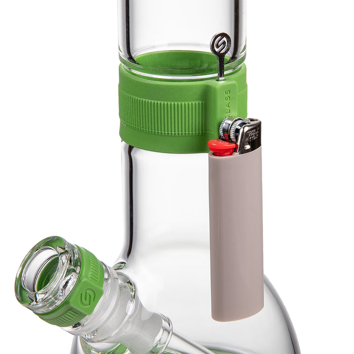 Detail of the magnetic lighter holder on the Pistachio silicone neck band of the Softglass Core Bong