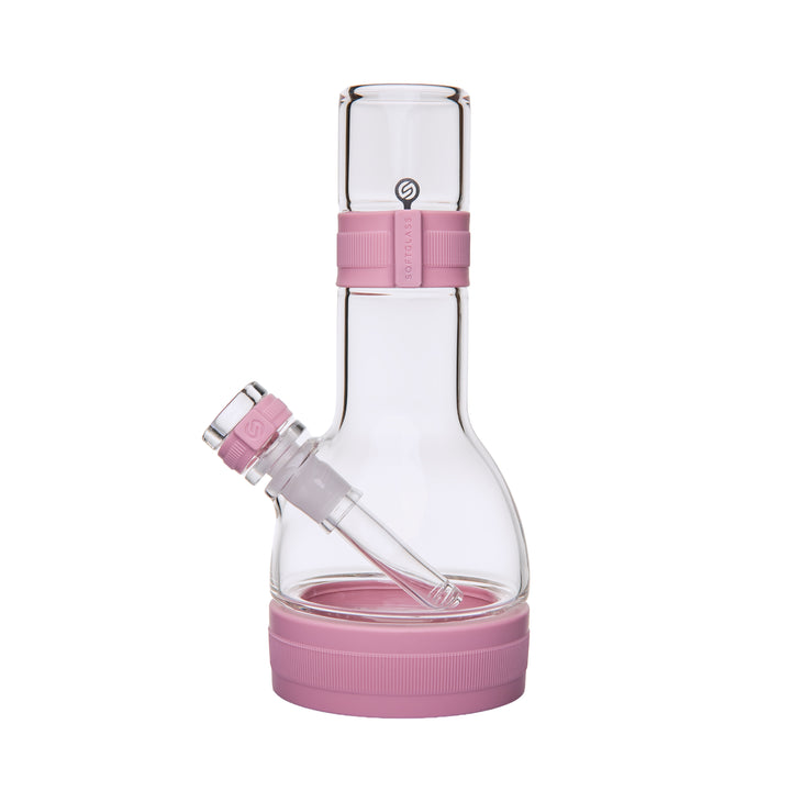 Softglass Core Bong in Rose, left side view with the pink silicone neck band and ribbed base foot