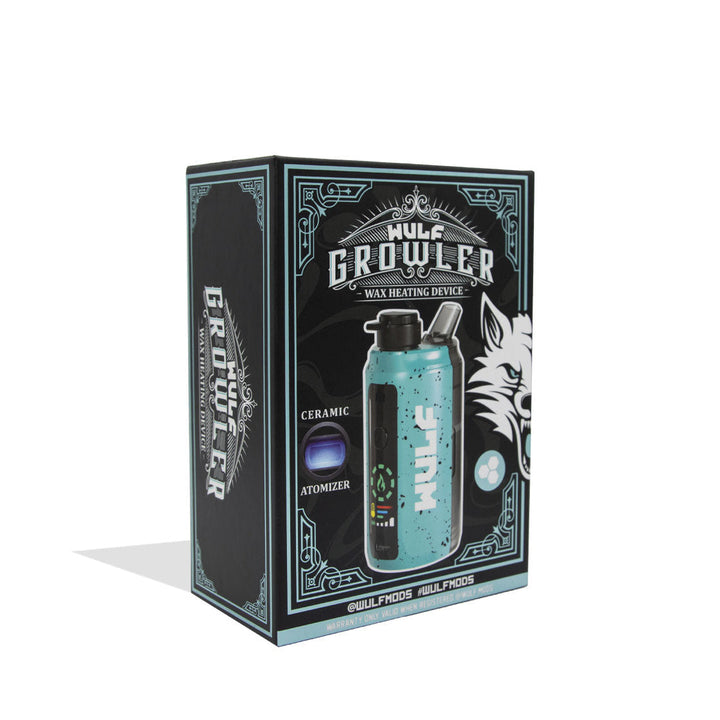 Wulf Mods Growler electronic dab rig in Teal Black Spatter, packaging side view