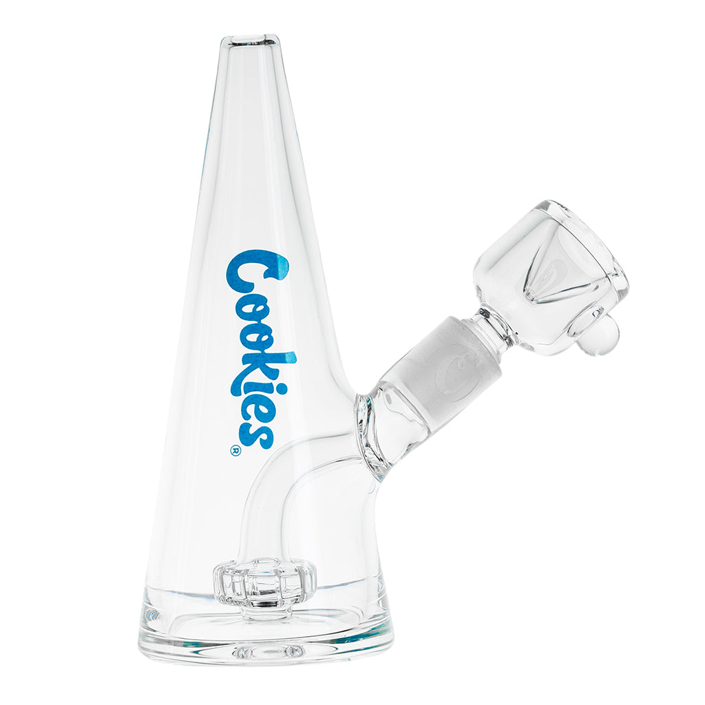 Bayside Series 408 Mini Bong by Cookies with reinforced showerhead percolator and 14mm female joint, compact cone-shaped glass design.
