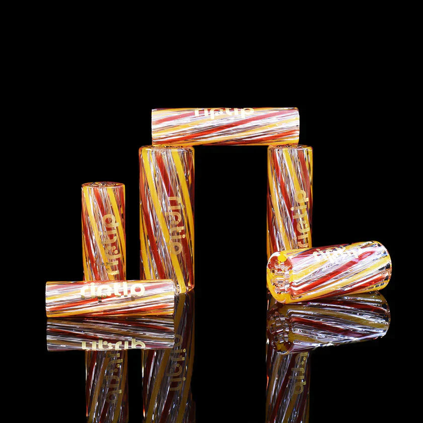 Strawnana red and yellow Gordo Scientific Rip Tips with blue logo, reusable borosilicate glass filter tips for joints and blunts, featuring spiral airflow design.