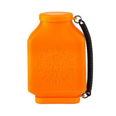 Smoke Buddy Jr. Personal Air Filter – Orange pocket-size air purifier with cap and carry strap.