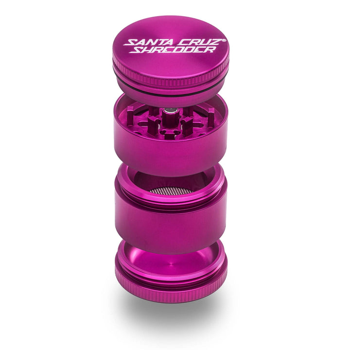 Pink Santa Cruz Shredder 4-Piece Small Grinder – lightweight aluminum design with sharp teeth.