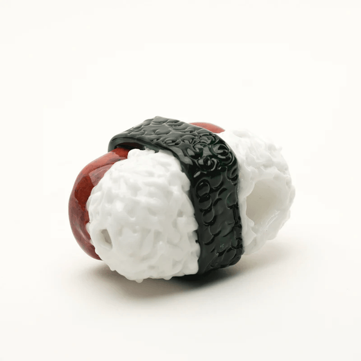 Empire Glassworks - Spam Musubi Pipe shaped like sushi with realistic rice, spam, and seaweed details. Hand-crafted borosilicate glass pipe with carb and push bowl.