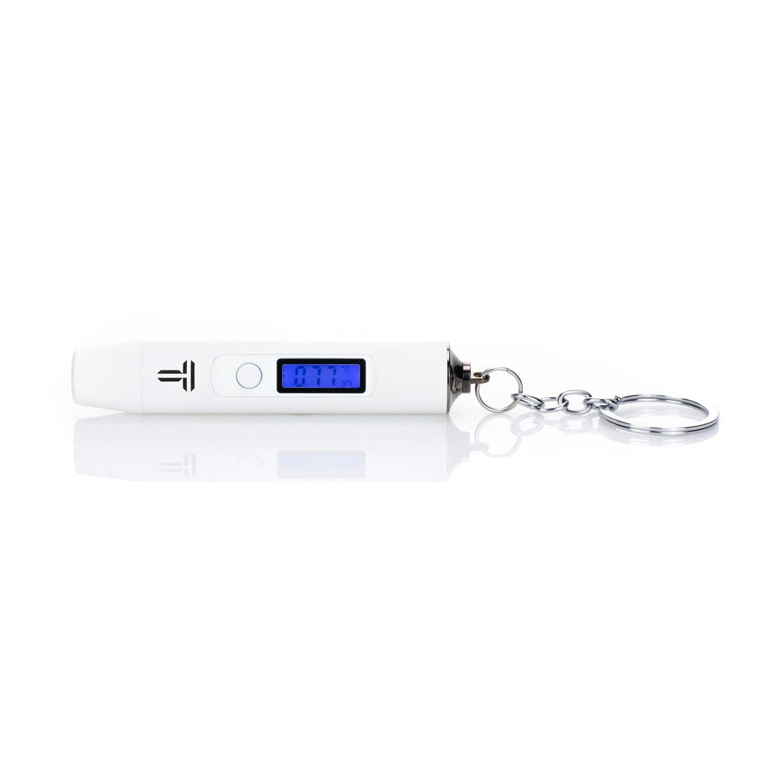 Terpometer Infrared LE in white with digital display and keychain, ideal for accurate portable dabbing sessions.