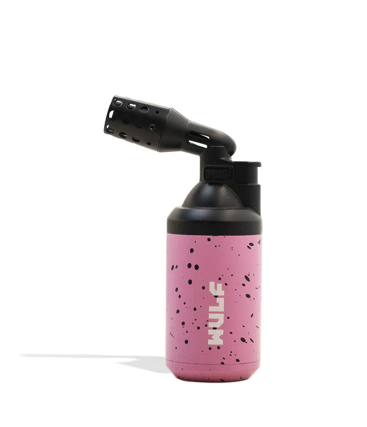 Wulf Mods Roar Torch – Pink with Black Splatter finish, free-standing butane torch with safety lock and flame dial.