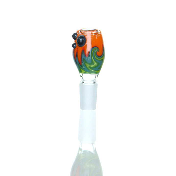 Ben Wilson - Worked Disc Screen Slide in orange with green swirl and black marbles, handblown glass bowl for smoking accessories.