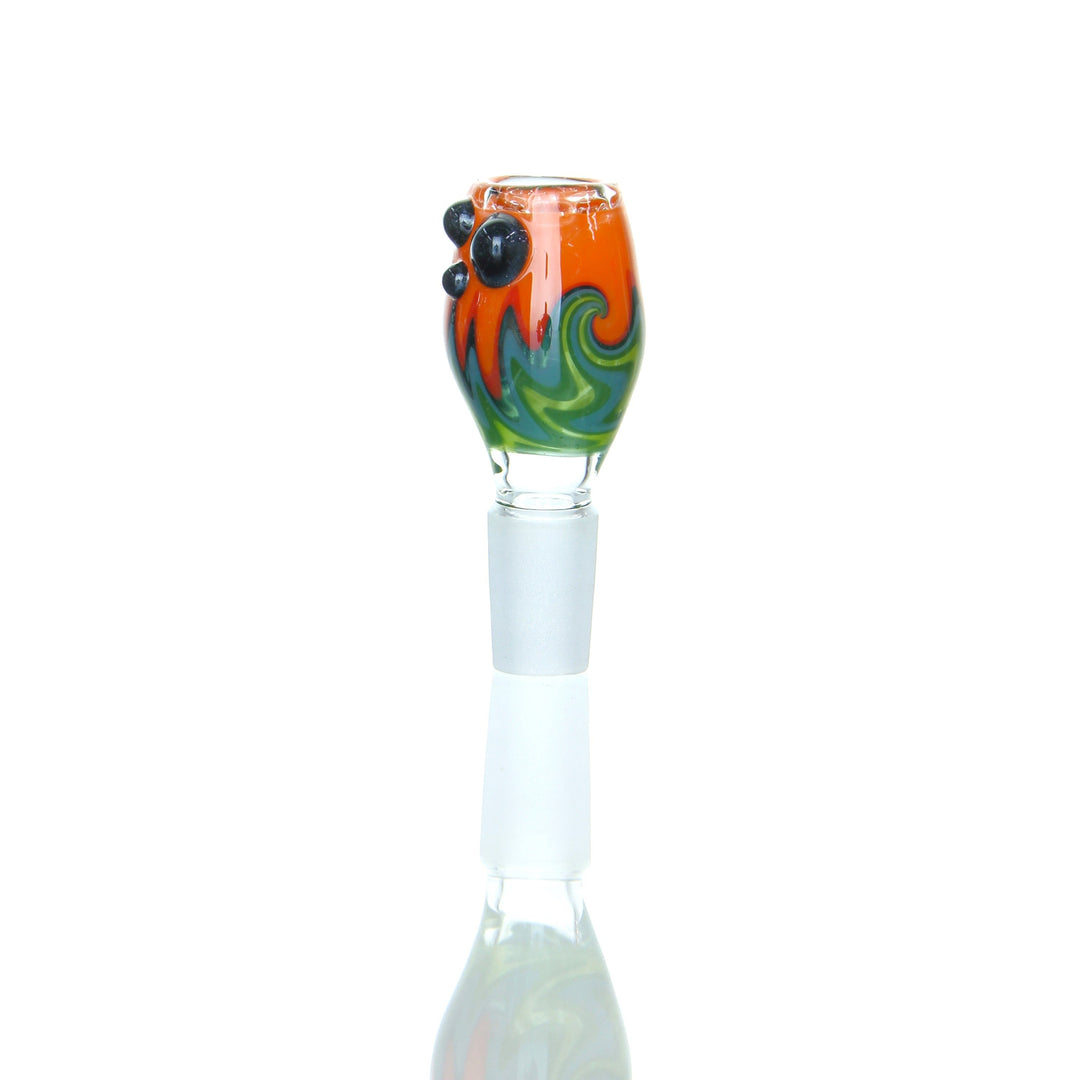 Ben Wilson - Worked Disc Screen Slide in orange with green swirl and black marbles, handblown glass bowl for smoking accessories.