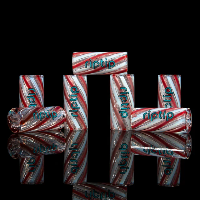 Moon Jelly Gordo Scientific Rip Tips with white logo, reusable glass filter tips for blunts, shown on white caps for packaging display.