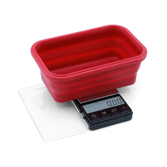 Truweigh Crimson digital scale silicone bowl expanded, used as weighing container