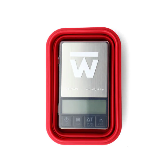 Truweigh Crimson 200 digital scale with red silicone bowl closed, high precision model