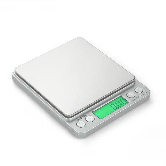 Truweigh Enigma digital scale with clear expansion tray installed for weighing