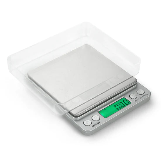 Truweigh Enigma digital scale angled view with protective tray covering platform