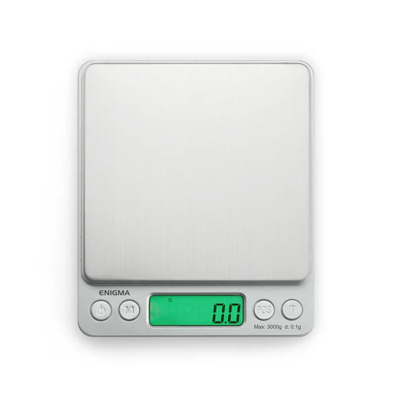 Truweigh Enigma digital scale open with tray removed for direct platform access