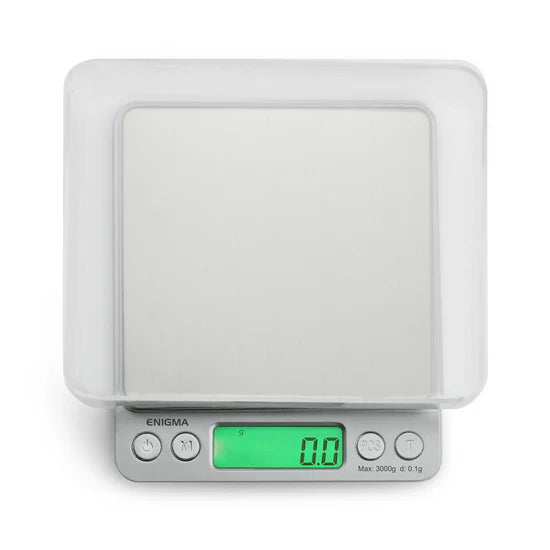 Truweigh Enigma digital scale close-up of LCD display and control interface