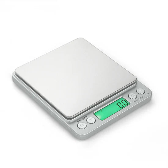 Truweigh Enigma digital scale angled powered-on view highlighting readability