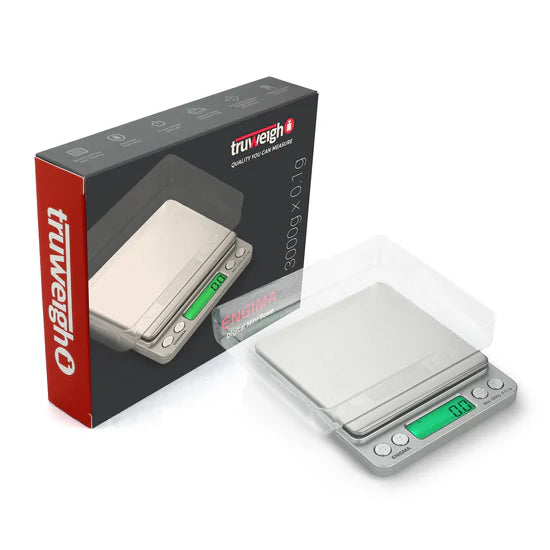 Truweigh Enigma digital scale lifestyle angle emphasizing compact footprint